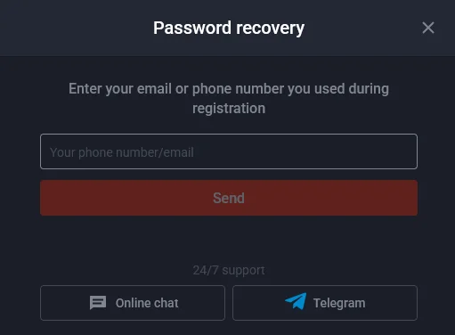 Форма відновлення пароля на платформі Пінап